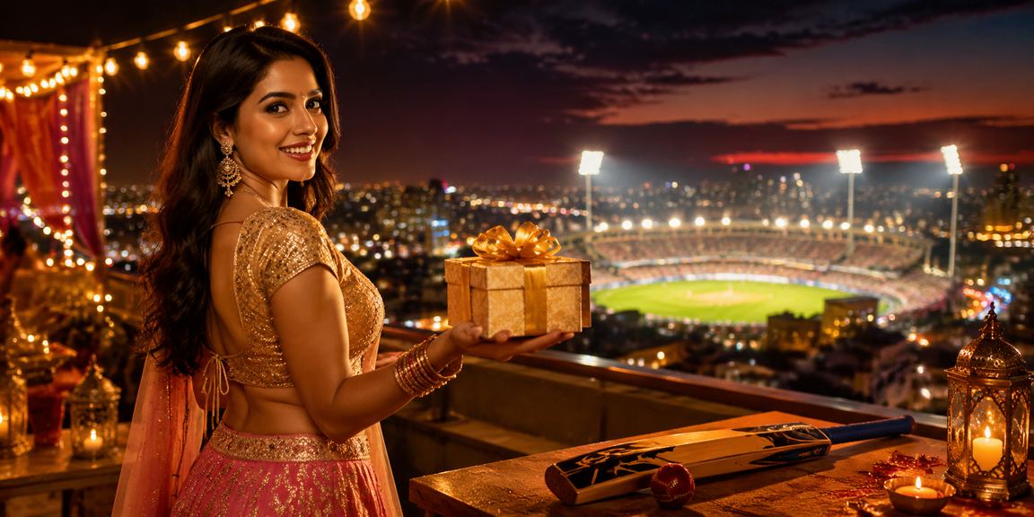 Night market in India with cricket betting advertisements